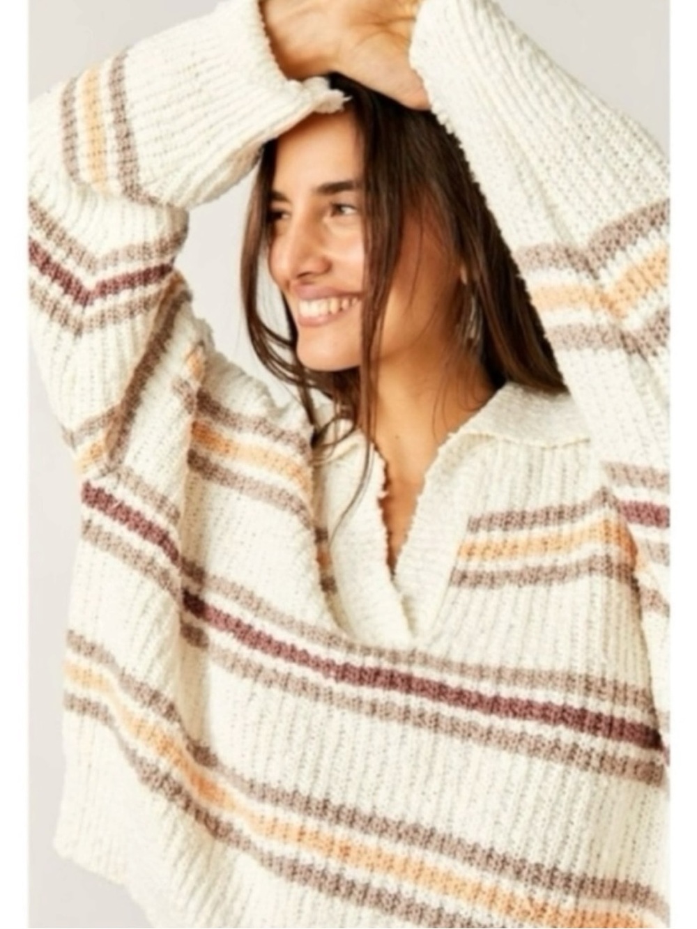 Free People Kennedy Pullover Sweater Ivory Oak Combo Large Chunky Knit Stripes